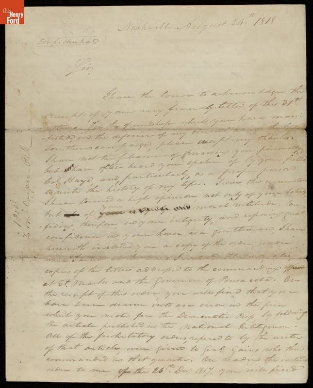 Letter from Andrew Jackson to Thomas Cooper, 1818