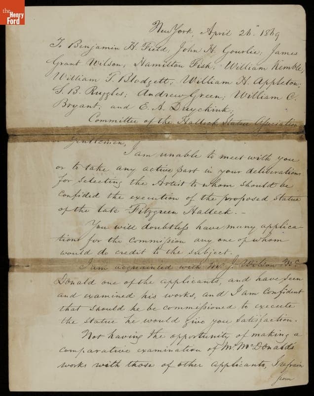 Letter from Samuel Finley Breese Morse to the Committee of the Halleck Statue Association, 1869