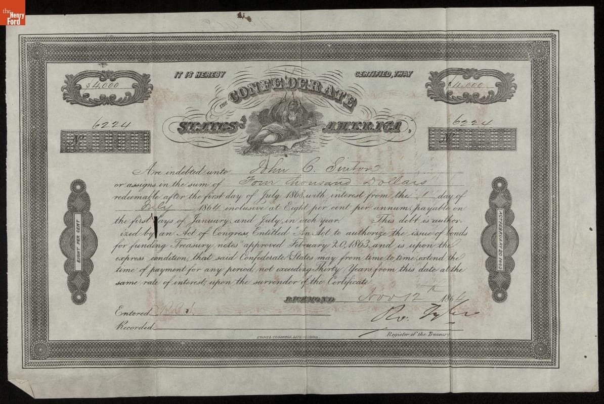Confederate Bond, Four Thousand Dollars, 1864