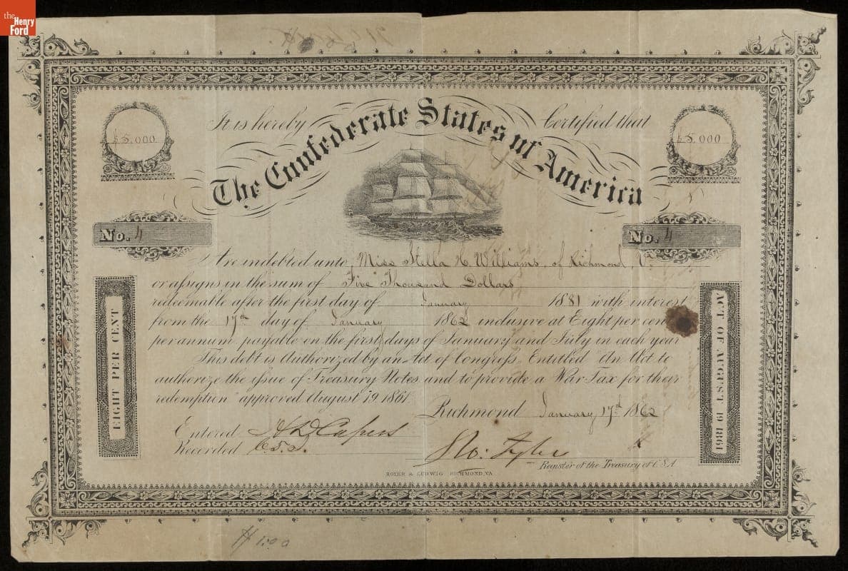 Confederate Bond, Five Thousand Dollars, 1862