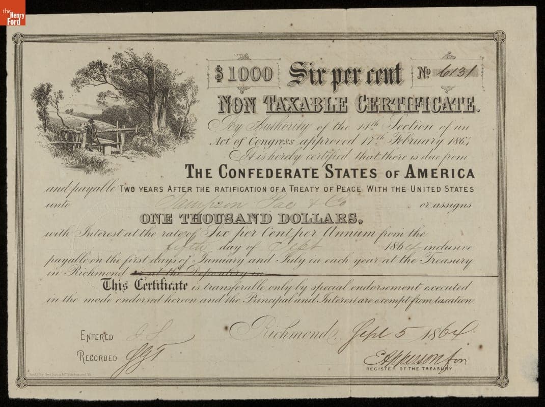 Confederate Bond, One Thousand Dollars, 1864
