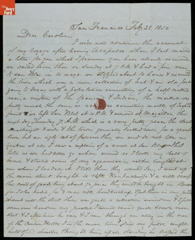Letter by California Gold Rush Venturer Charles A. Wood, Written from San Francisco, California, February 28, 1850