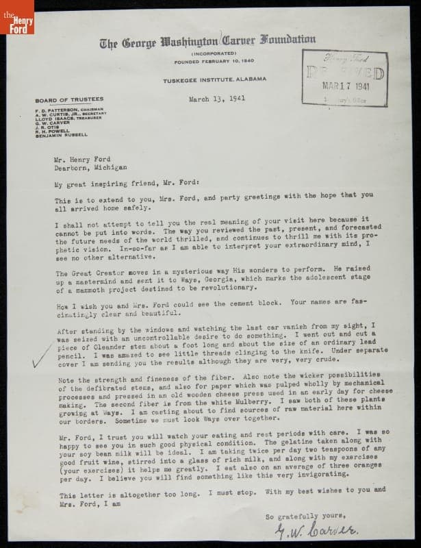 Letter from George Washington Carver to Henry Ford, March 13, 1941