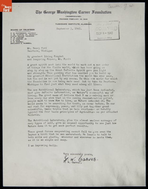 Letter from George Washington Carver to Henry Ford, September 3, 1942