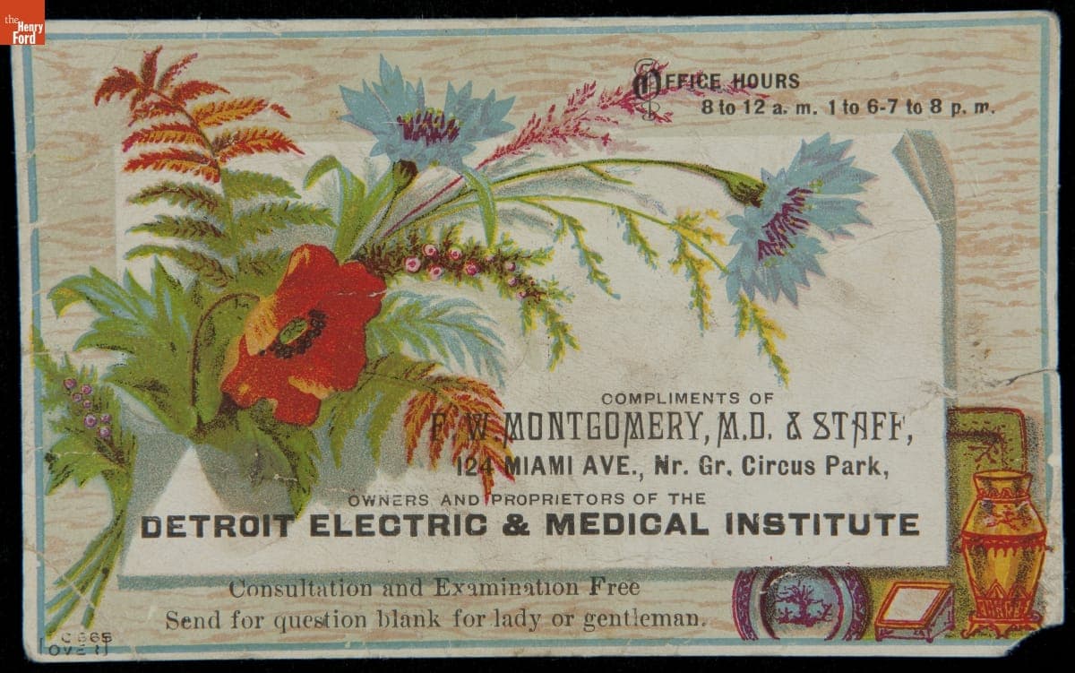 Trade Card for "Montgomery's Marvelous Medical Methods," F.W. Montgomery, M.D. & Staff, 1870-1890