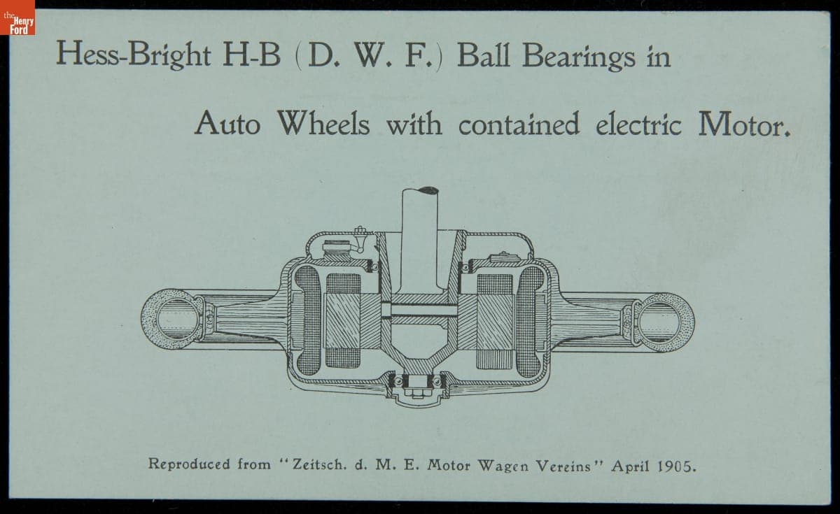 Trade Card, Ball Bearings in Auto Wheels with Contained Electric Motor, Hess-Bright Manufacturing Co., circa 1905