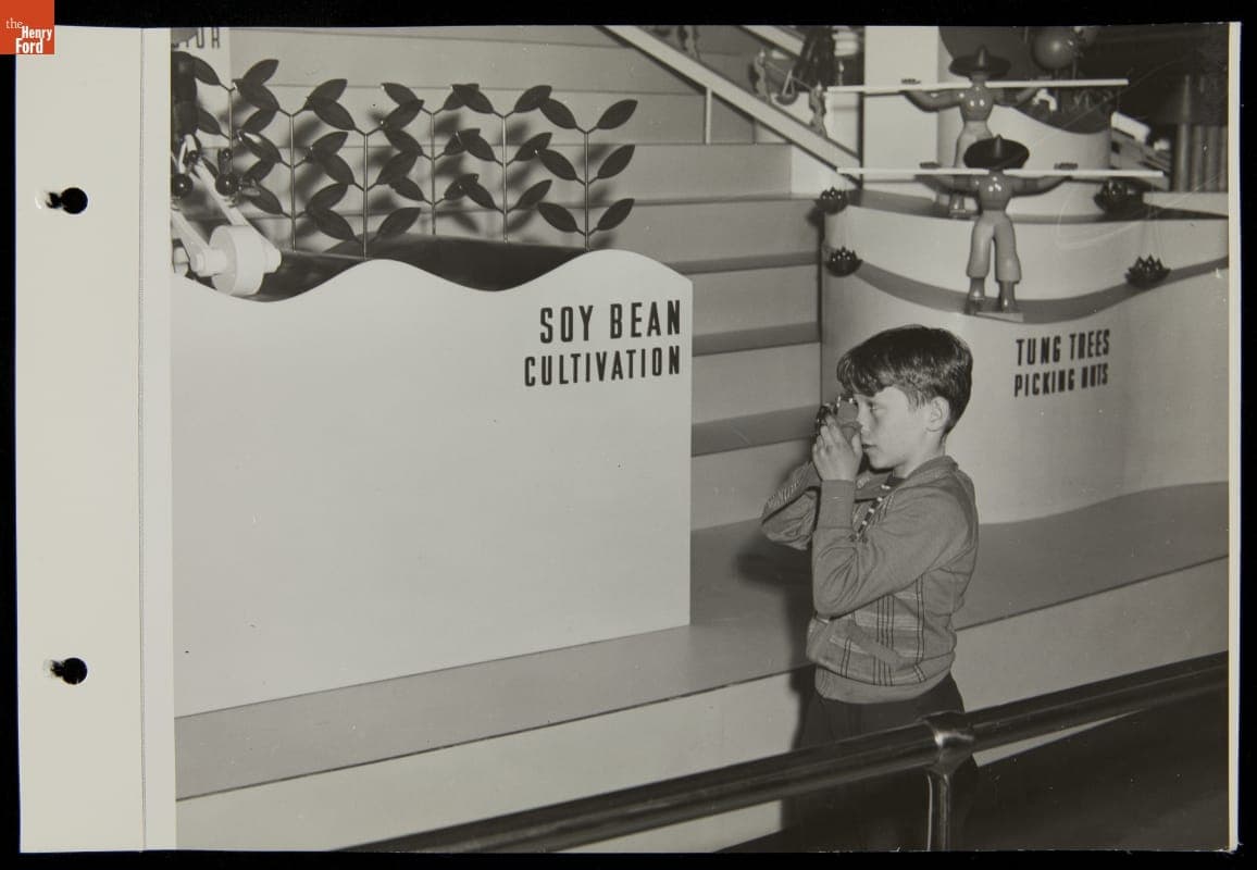 Boy Photographing Soy Bean Cultivation Display, "Ford Cycle of Production," Ford Exposition, New York World's Fair, 1939