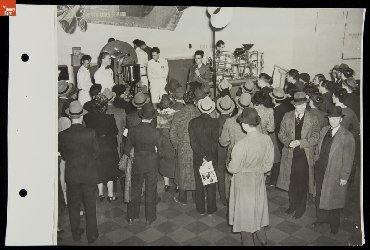 Crowds around Industrialized Farm Display, Ford Exposition, New York World's Fair, 1939