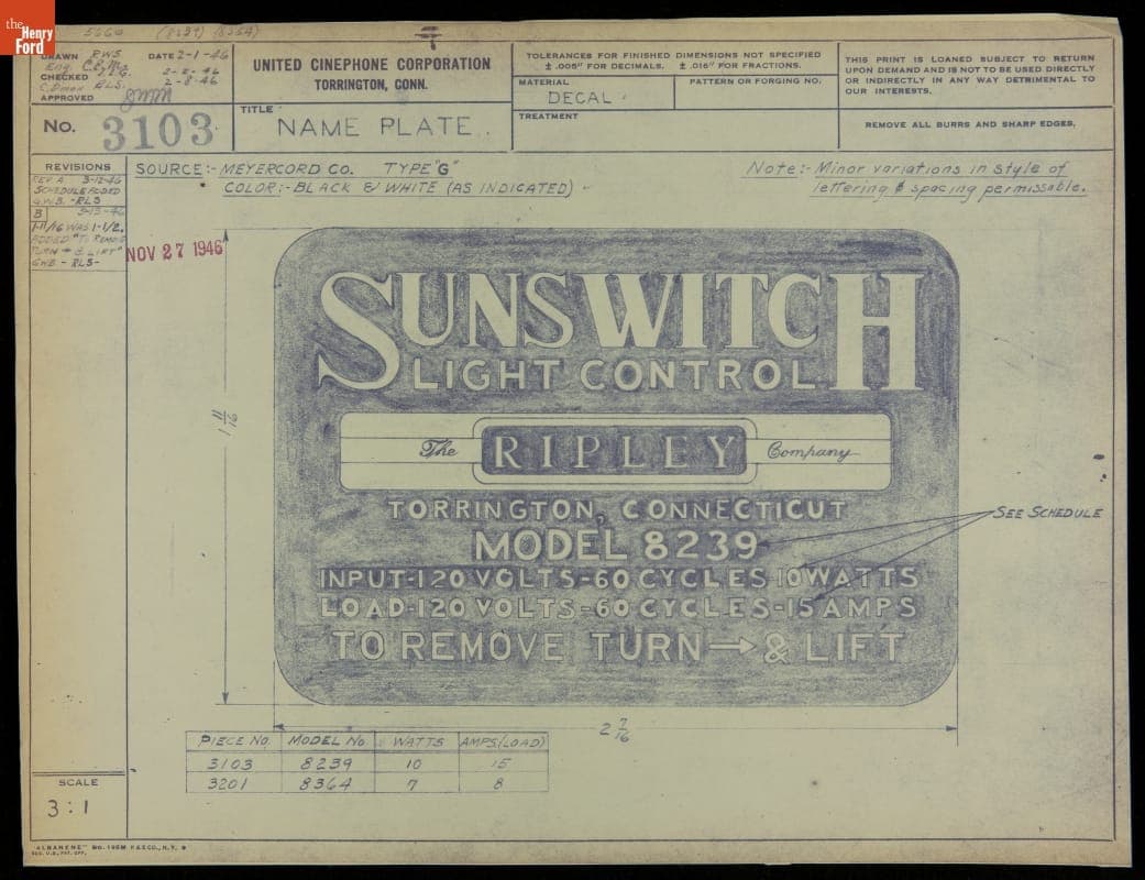 Name Plate, Reference Number 3103, 1946