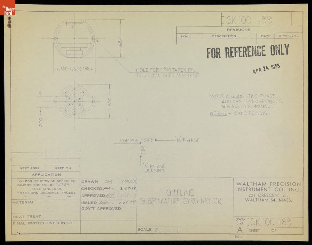 Outline of Subminiature Gyro Motor, Reference Number SK 100-189, 1958