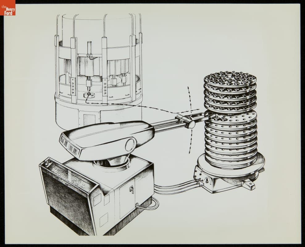 Rendering of Unimate Industrial Robot in Use, 1972-1974