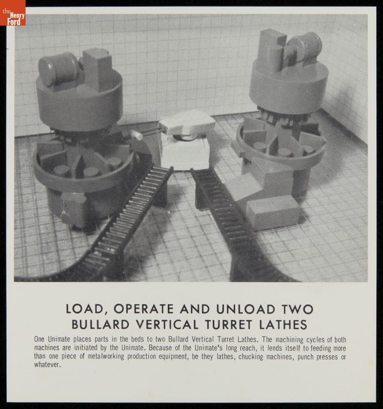Model of a Unimate Industrial Robot Working with Turret Lathes, circa 1964