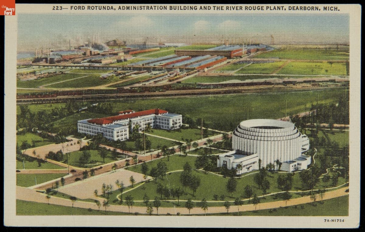 Postcard, "Ford Rotunda, Administration Building and the River Rouge Plant, Dearborn, Michigan," 1937