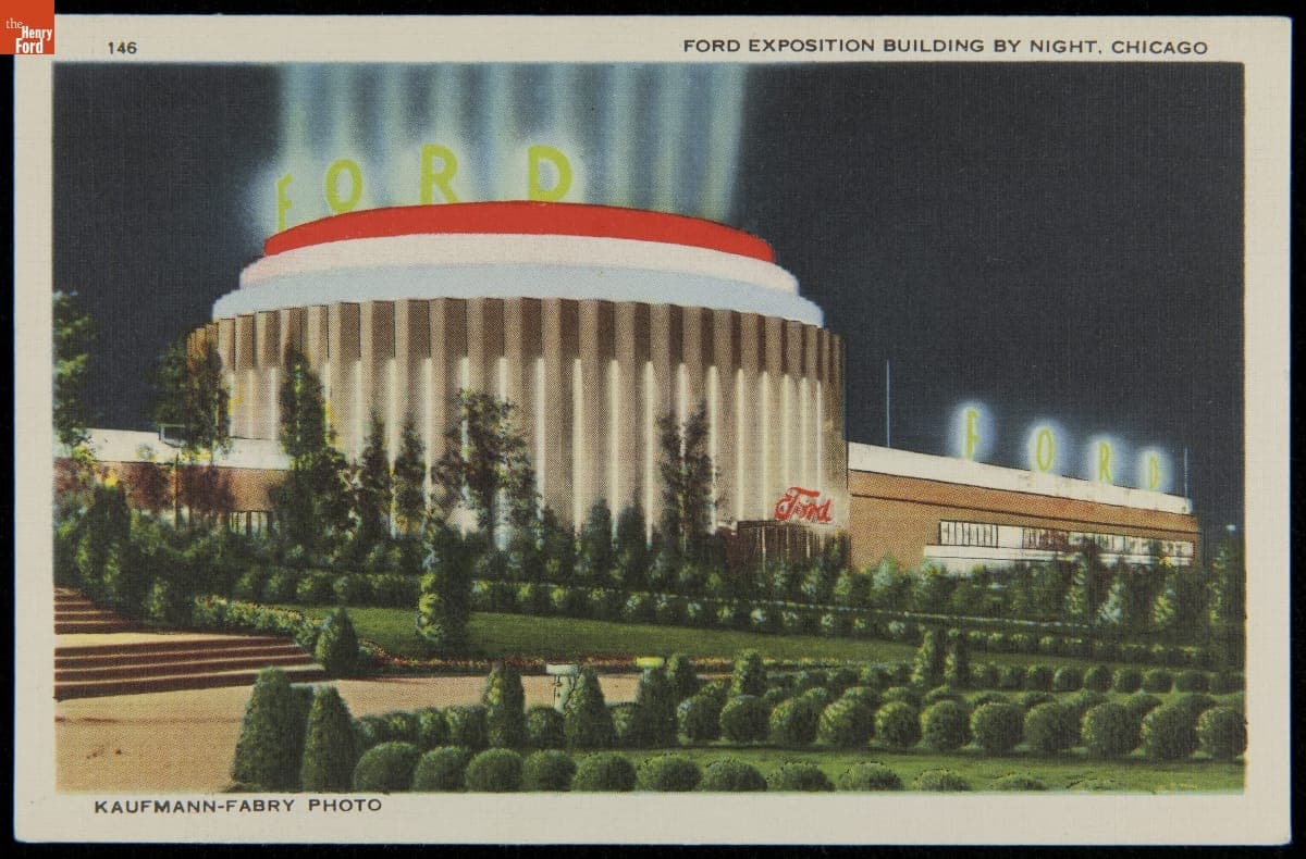 Postcard, Ford Exhibition Building at Night, Century of Progress International Exposition, Chicago, Illinois, 1934