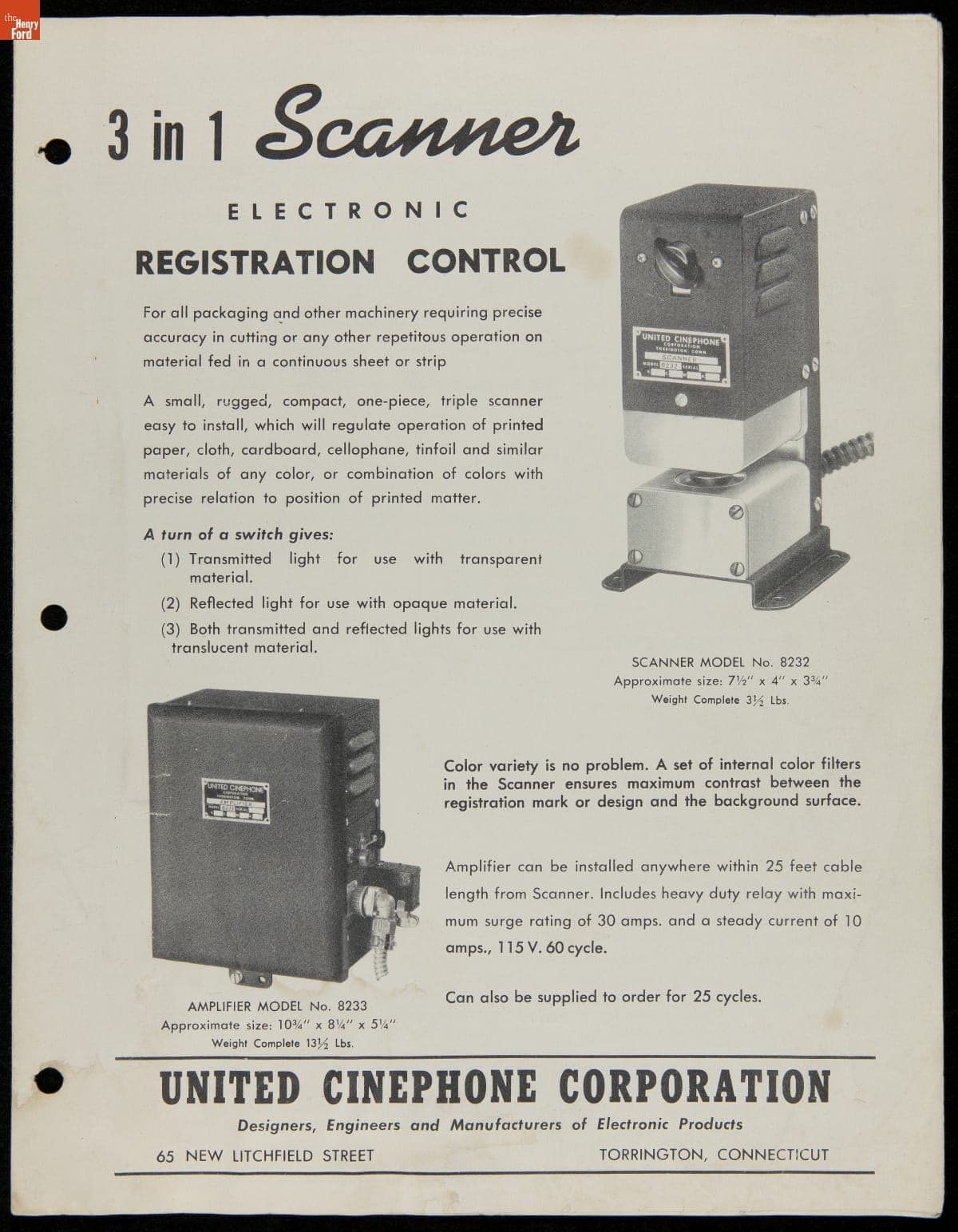 United Cinephone Corporation Brochure, "3 in 1 Scanner Electronic Registration Control," 1946