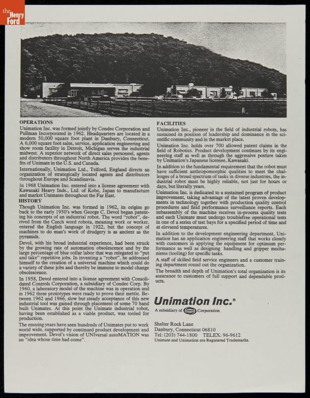 Unimation Inc. Operations, History, and Facilities, 1976-1982