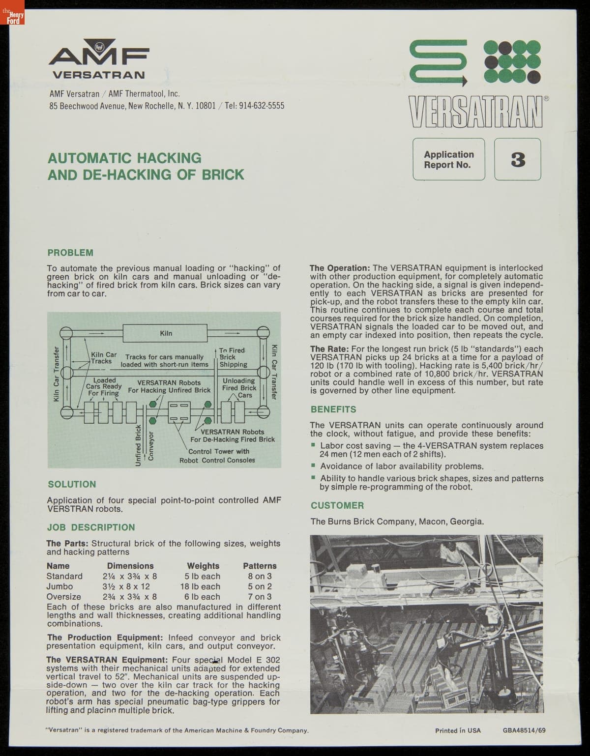 AMF Versatran Brochure, "Automatic Hacking and De-Hacking of Brick," 1969