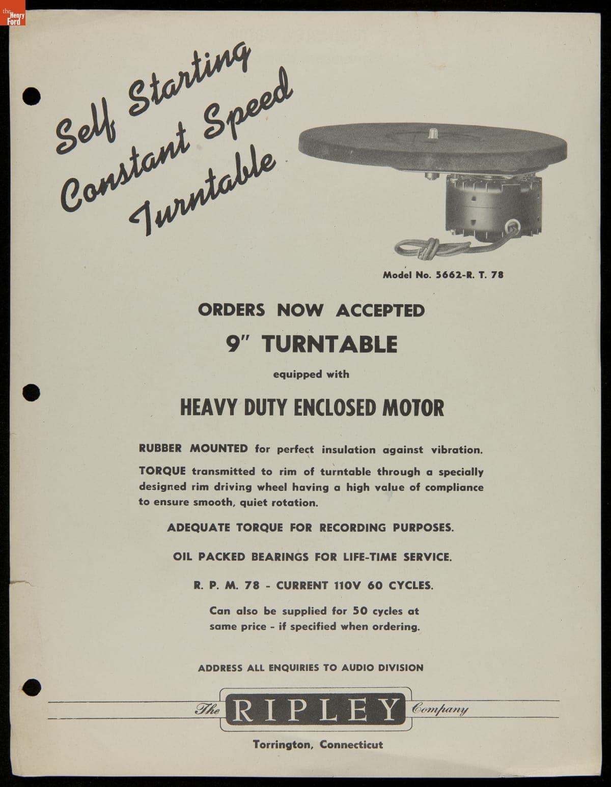 Ripley Company Brochure, "Self Starting Constant Speed Turntable," 1946
