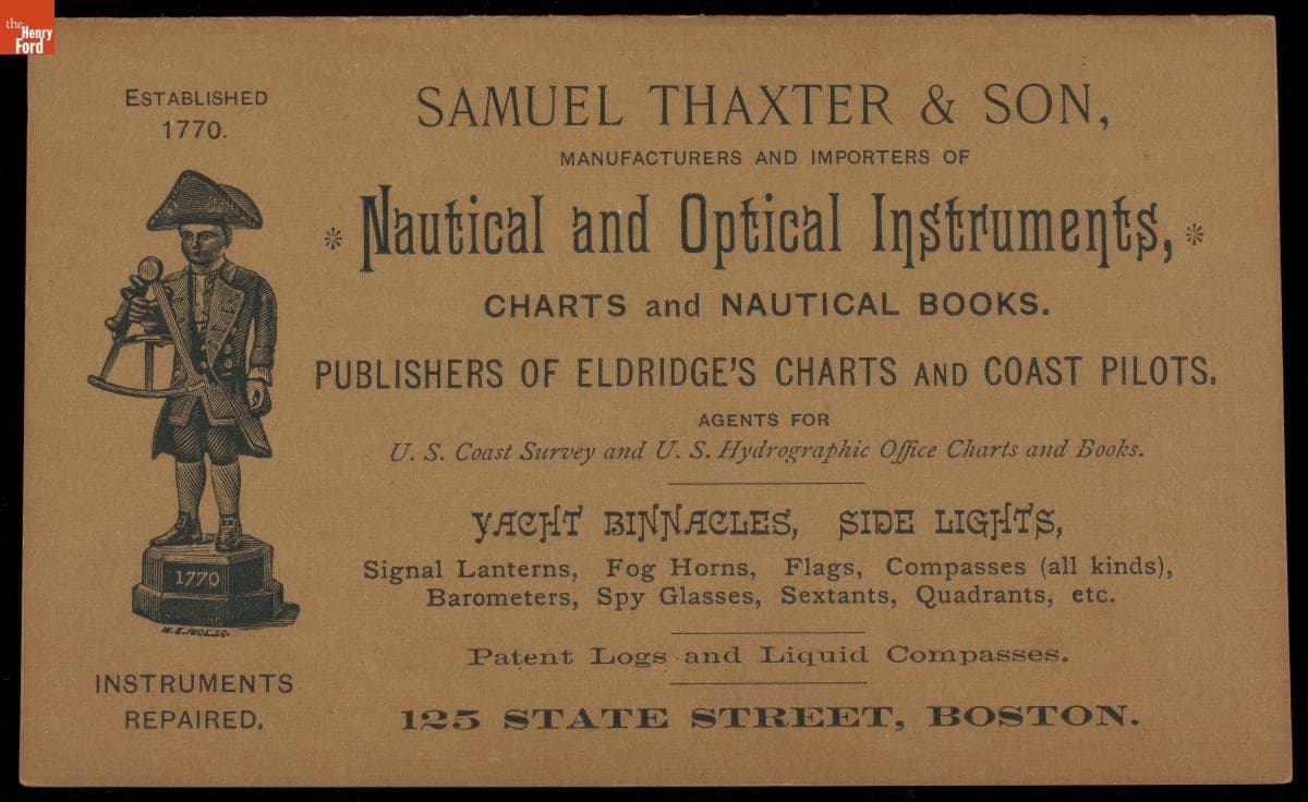 Trade Card for Nautical and Optical Instruments, Samuel Thaxter & Son, 1886