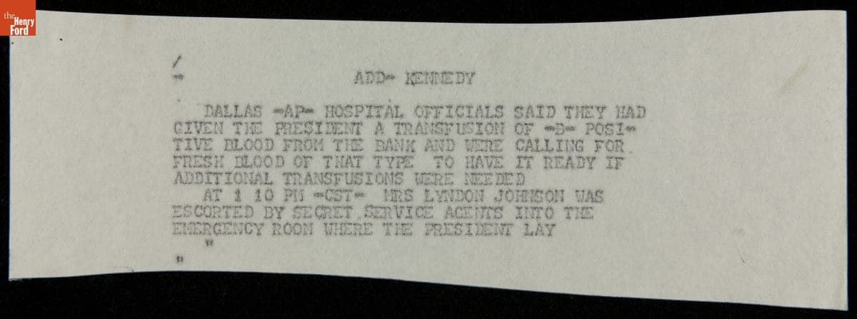 Teletype Message with Wire Service News Coverage of John F. Kennedy Assassination, November 22, 1963