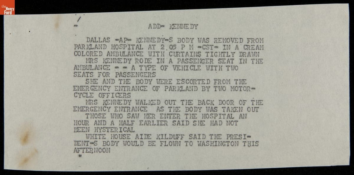 Teletype Message with Wire Service News Coverage of John F. Kennedy Assassination, November 22, 1963