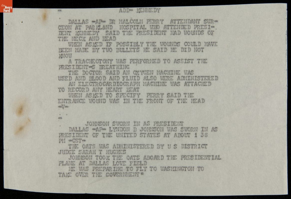 Teletype Message with Wire Service News Coverage of John F. Kennedy Assassination, November 22, 1963