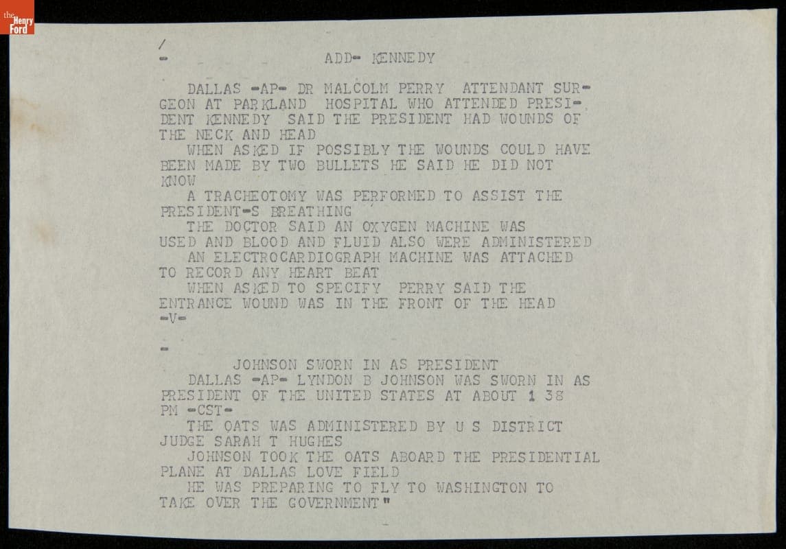 Teletype Message with Wire Service News Coverage of John F. Kennedy Assassination, November 22, 1963