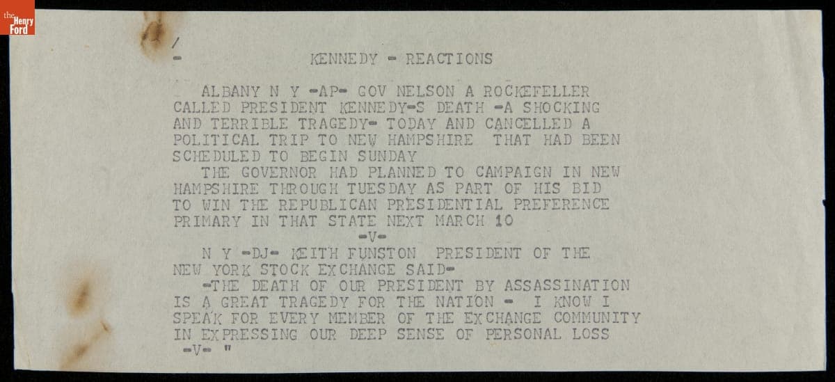 Teletype Message with Wire Service News Coverage of John F. Kennedy Assassination, November 22, 1963