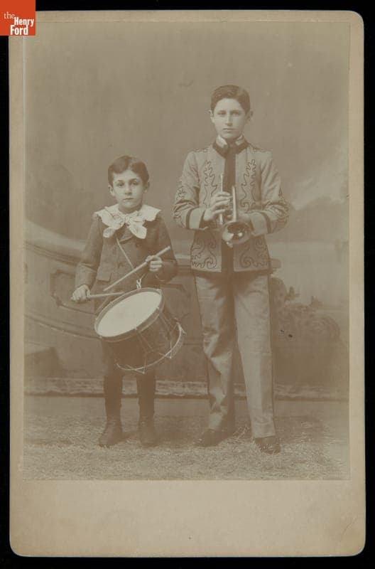 Two Young Boys with Drum and Bugle, circa 1895