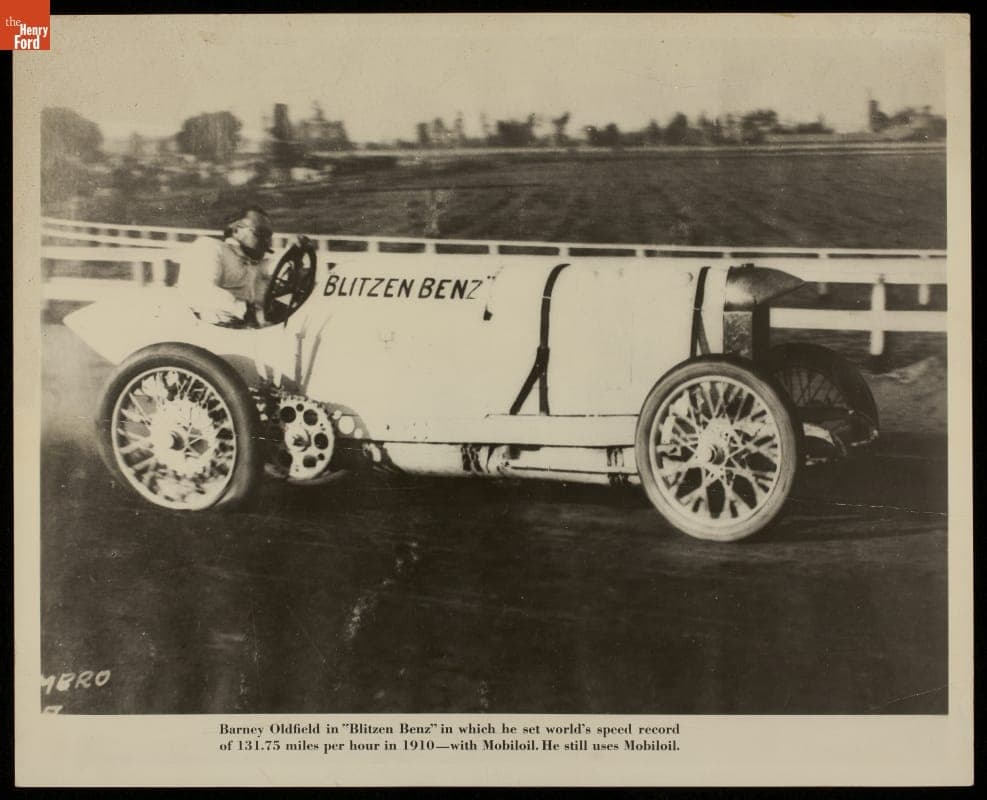 Barney Oldfield Driving the "Blitzen Benz" Car on a Racetrack, 1910
