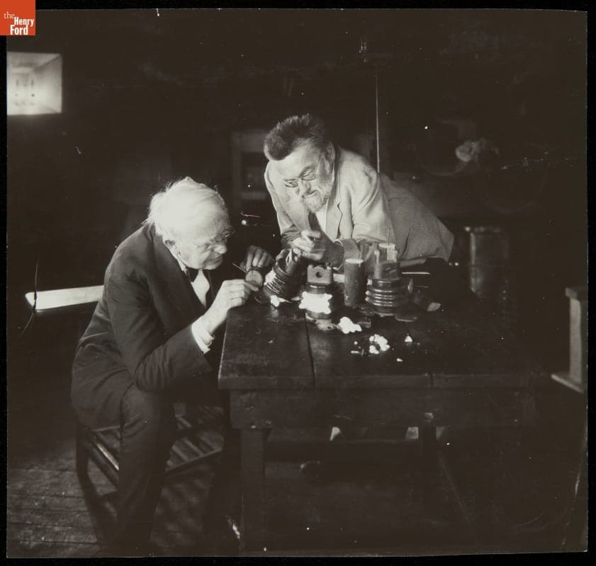 Thomas Edison and Charles Steinmetz Examining Porcelain Insulators Destroyed by Artificial Lightning, General Electric Research Laboratory, 1922