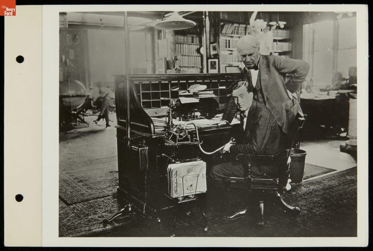 Thomas A. Edison and Son, Charles Edison, with an Ediphone in the West Orange Laboratory Library, circa 1927