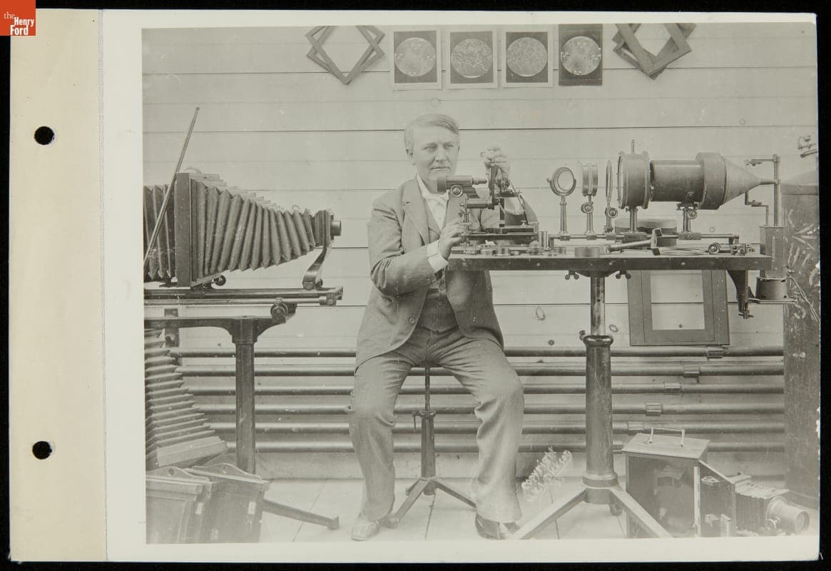 Thomas Edison Experimenting with Microphotography Using Microscope and Camera, 1893