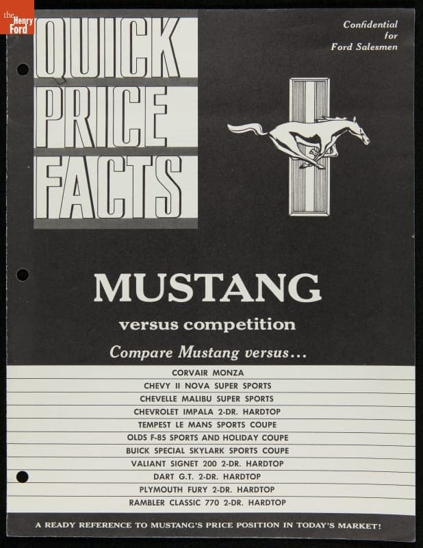 Dealer Brochure for the 1965 Ford Mustang, "Quick Price Facts Mustang Versus Competition"