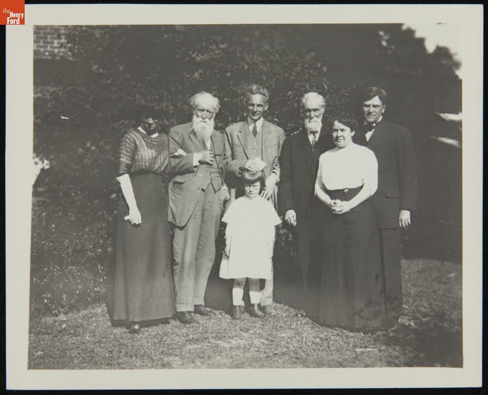 Clara Barrus, John Burroughs, Henry Ford, Peggie, Eden Burroughs, Clara Ford and Glen Buck, 1913