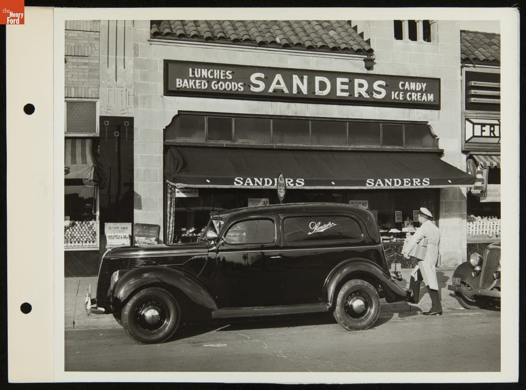 1938 Ford V-8 Standard Sedan Delivery Truck in Front of Sanders Store, Detroit, Michigan, December 1937