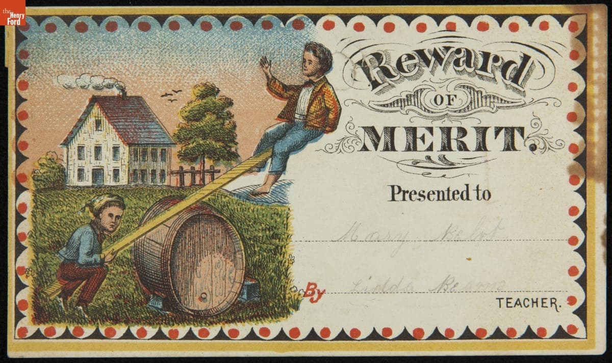 School Reward of Merit Given to Mary Belot by Her Teacher Lidda Beams, 1850-1900