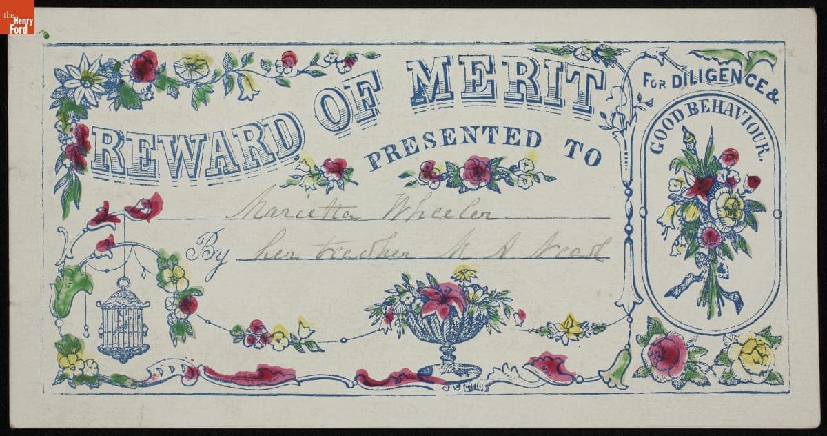 School Reward of Merit Given to Marietta Wheeler, 1857-1870