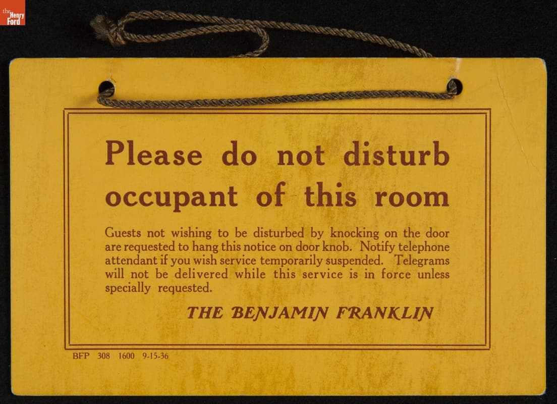 Sign, "Please do not disturb occupant of this room," 1936