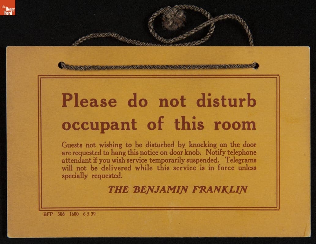 Sign, "Please do not disturb occupant of this room," 1939