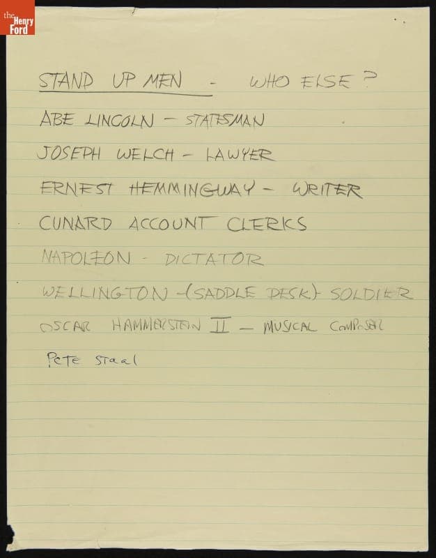 Handwritten Note by Robert Propst, "Stand Up Men"