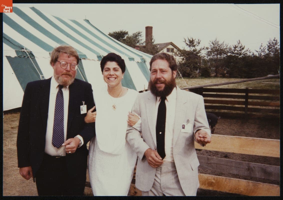 Peter Cousins, Nancy Bryk, and Blake Hayes at the Firestone Farm Dedication, Greenfield Village, June 29, 1985