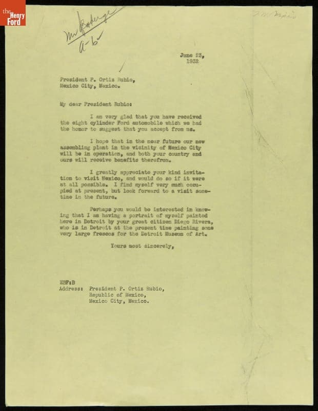 Letter from Edsel Ford to Mexican President Rubio regarding Gift of Ford Automobile, June 23, 1932