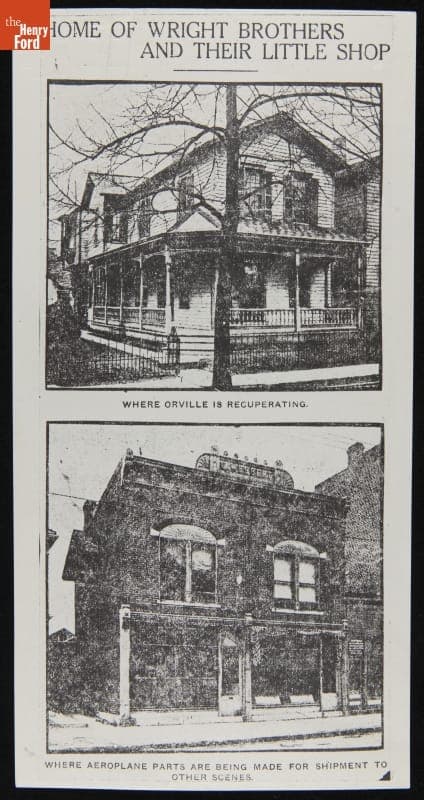 Newspaper Clipping Showing Wright Home and Wright Cycle Shop in Dayton, Ohio, 1908