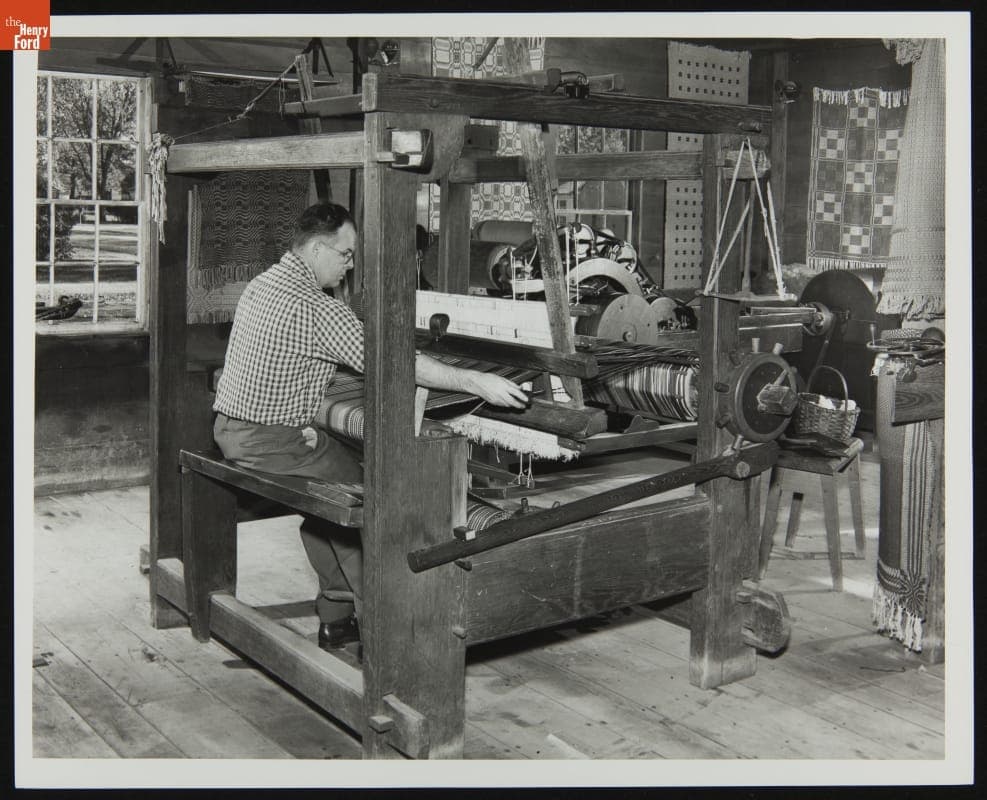Robert Kaiser Weaving in Gunsolly Carding Mill, Greenfield Village, 1954