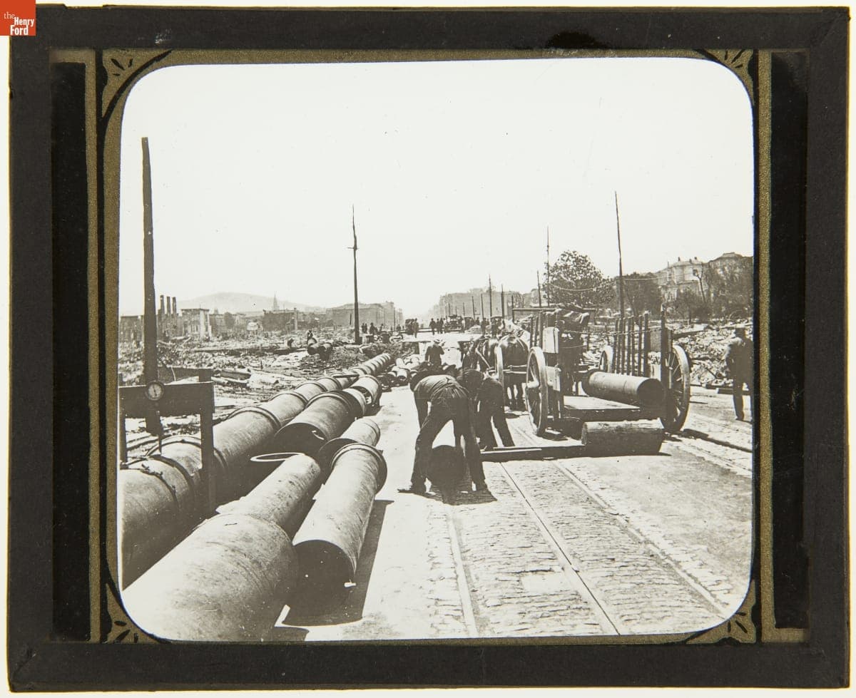 Water Main Laid Temporarily on Surface after San Francisco Earthquake, 1906