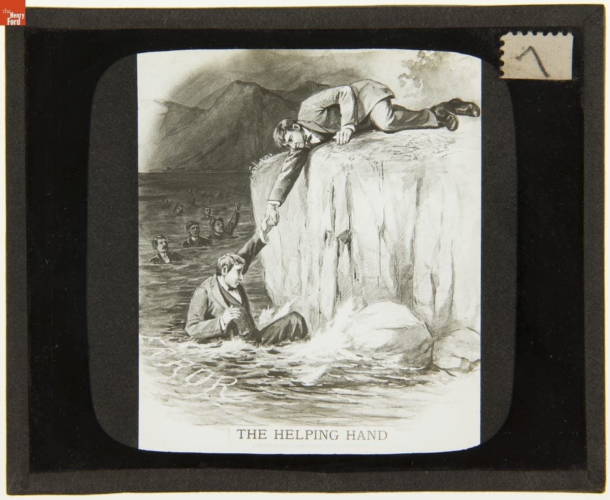 Lantern Slide, "The Helping Hand" Cartoon, 1890-1910