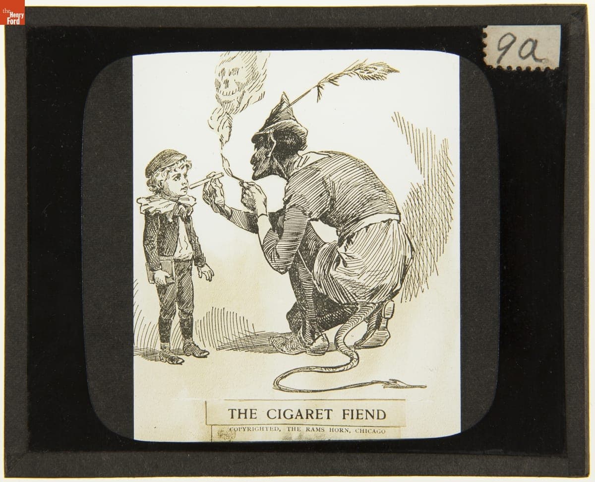 Lantern Slide, "The Cigaret Fiend" Cartoon, 1890-1910