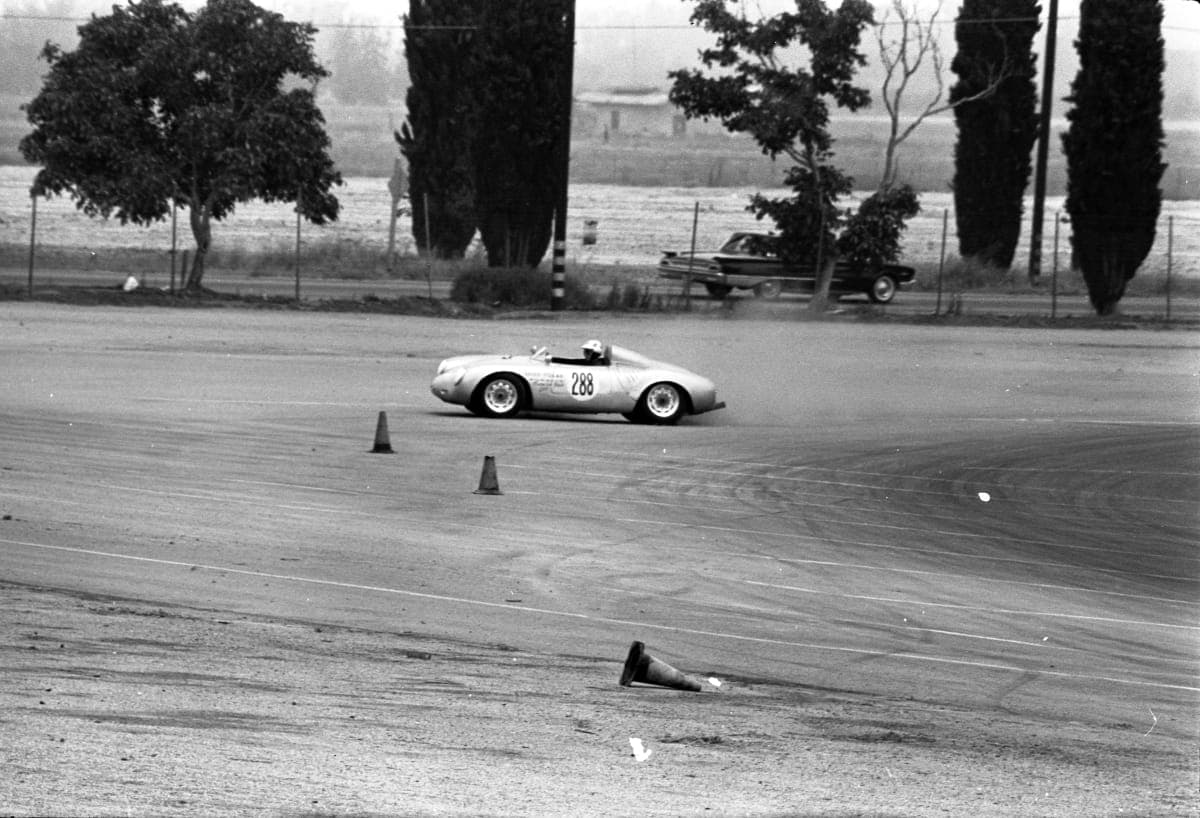 Mary McGee Driving Porsche RS at Pomona Road Races, July 1962