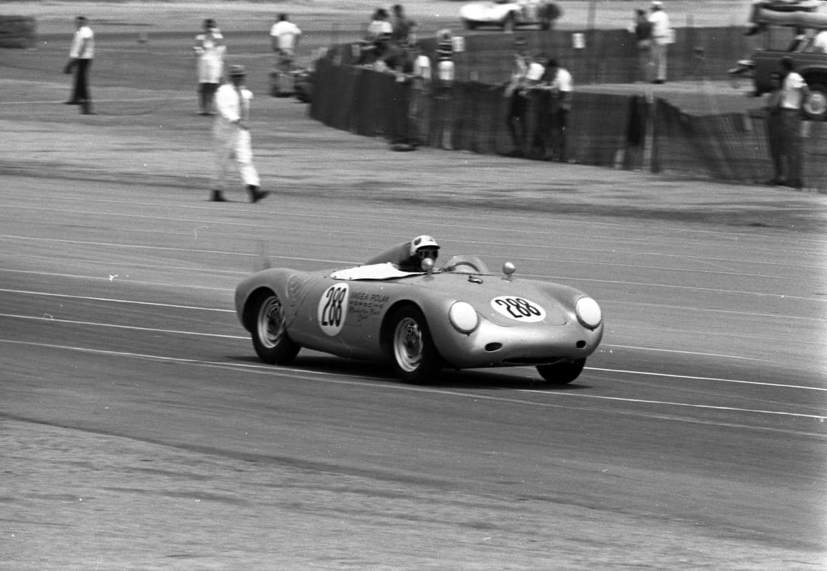 Mary McGee Driving Porsche RS at Pomona Road Races, July 1962